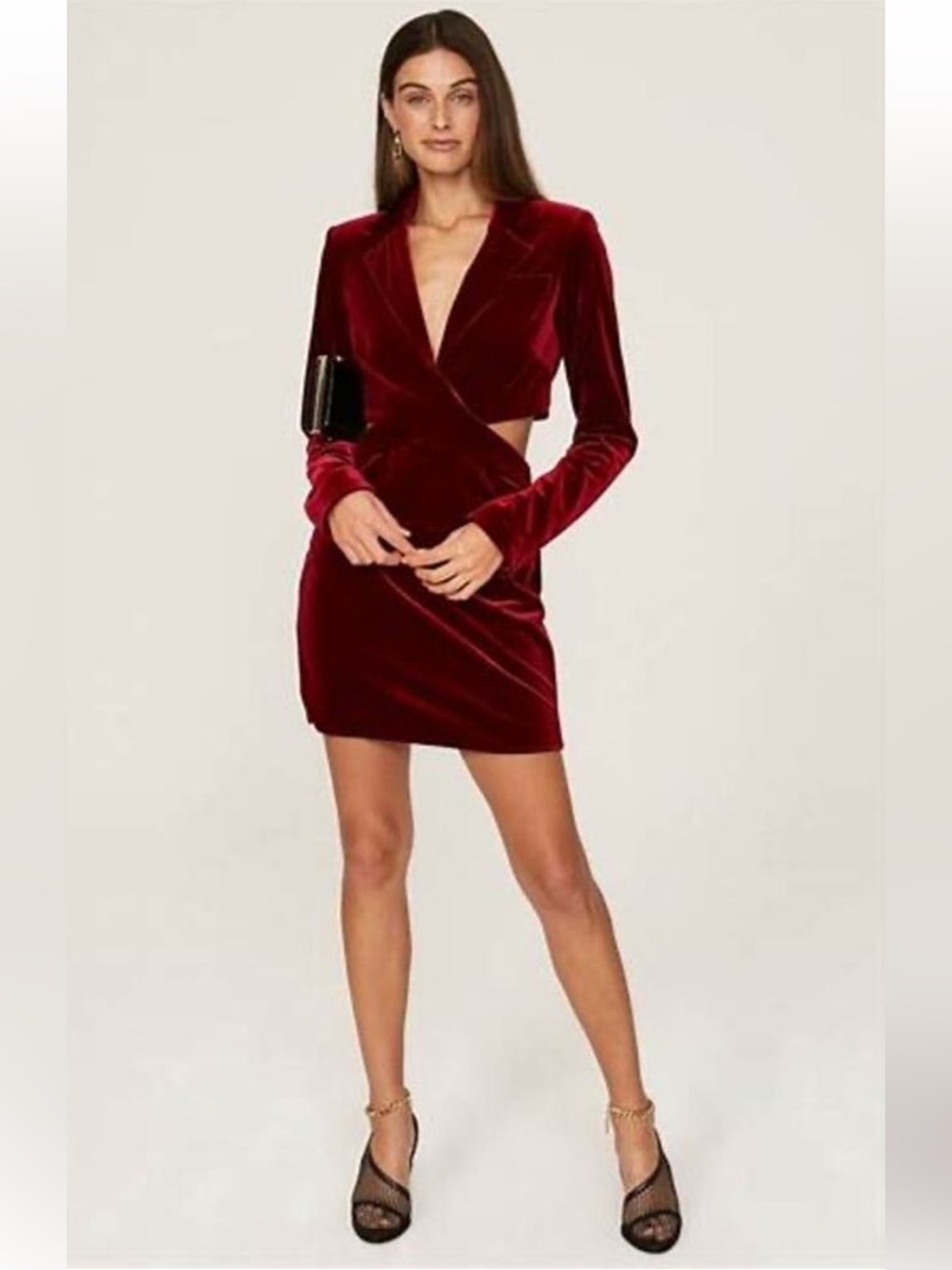 NICHOLAS | Red Wine Velvet Cut Out Long Sleeve Mini Dress